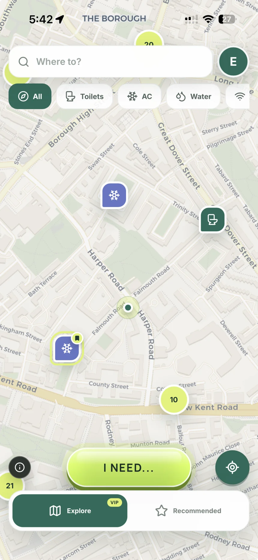 AhaThere map showing toilets, AC and landmarks around Westminster